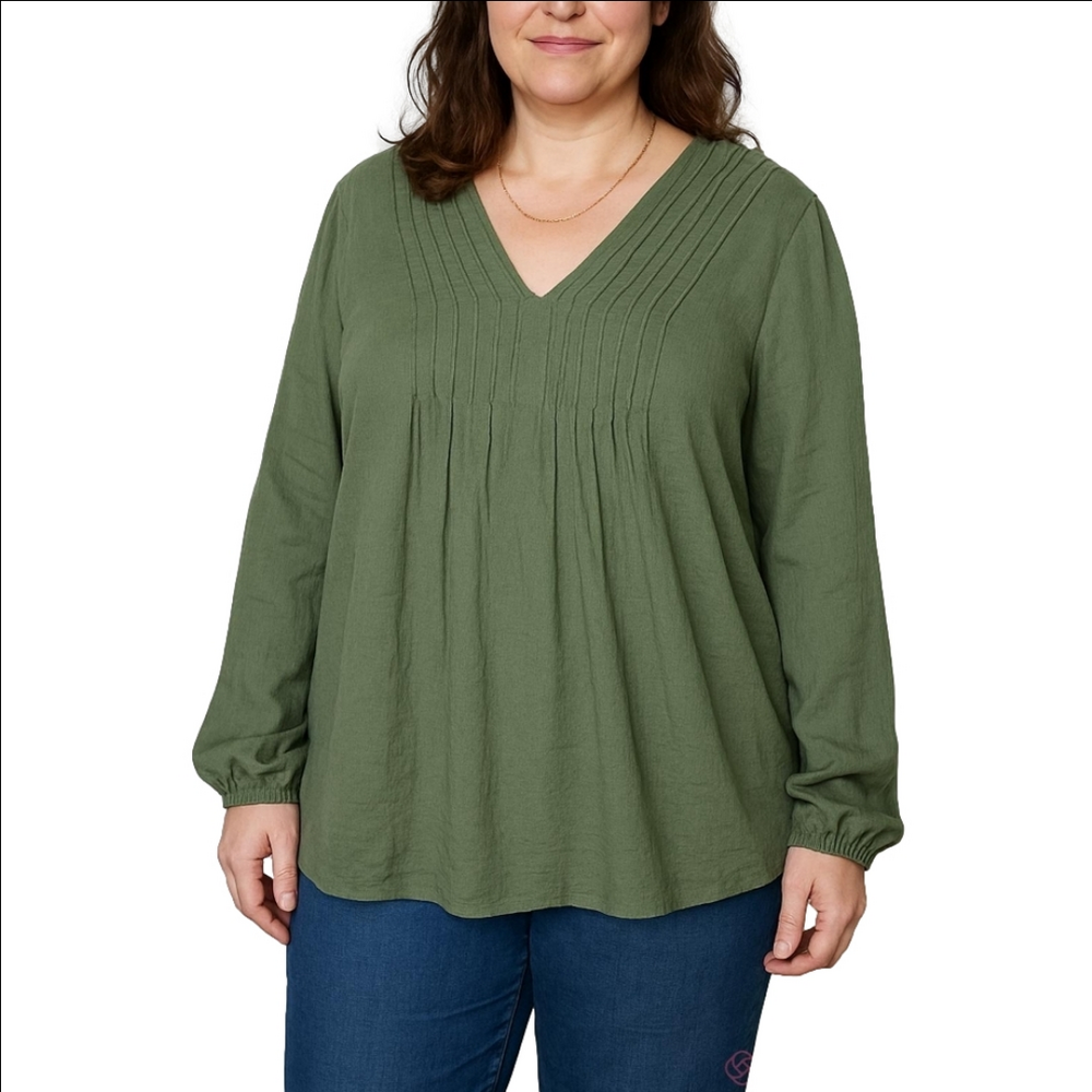 Blouse pullover V-neckline Sage green color BOHO Long sleeves NANETTE NWT